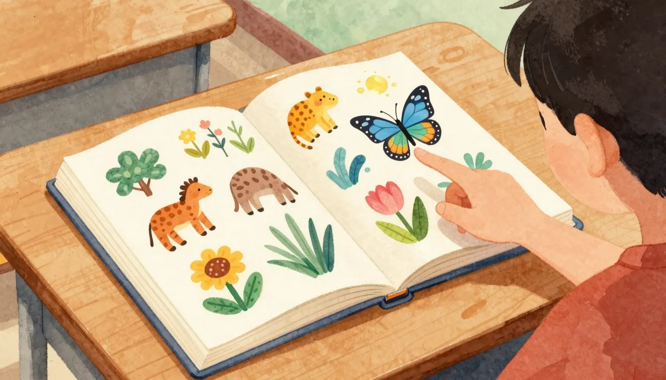 Watercolor style. A stylized illustration of a school desk w...