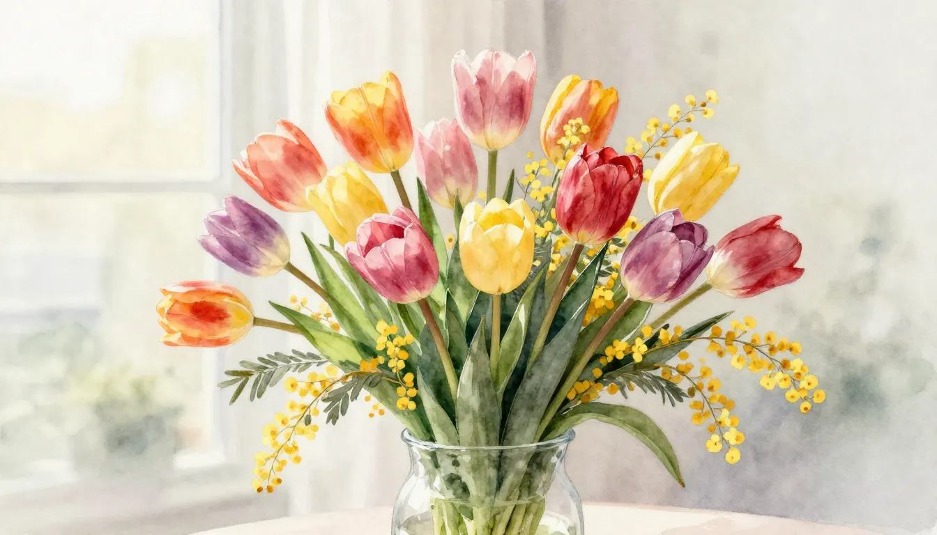 Watercolor style. A vibrant bouquet of spring tulips and mim...