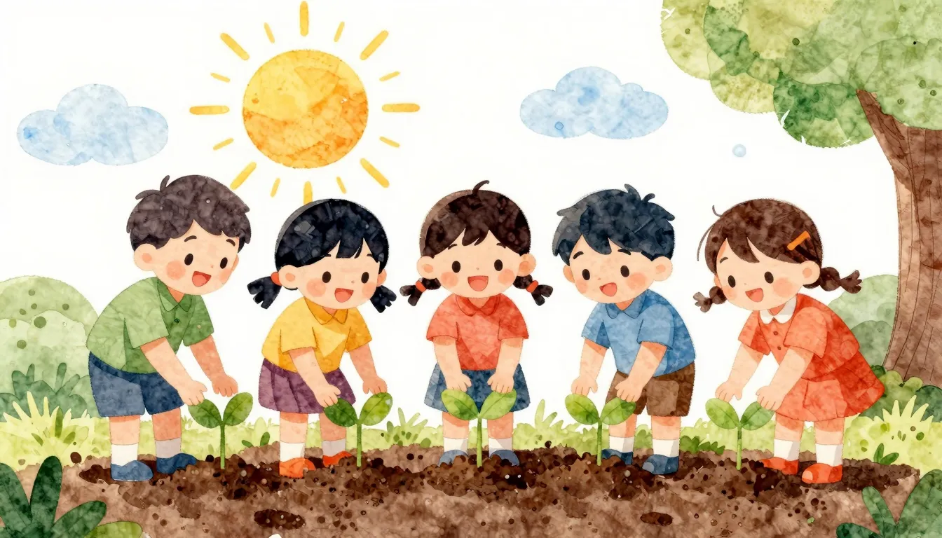 Watercolor style. A group of happy kids silhouettes planting...
