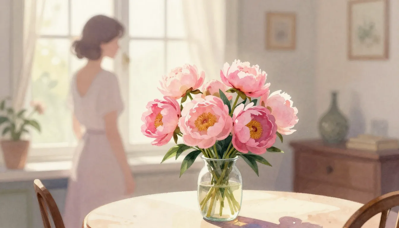 Watercolor style. A cozy sunlit room with a bouquet of pink ...