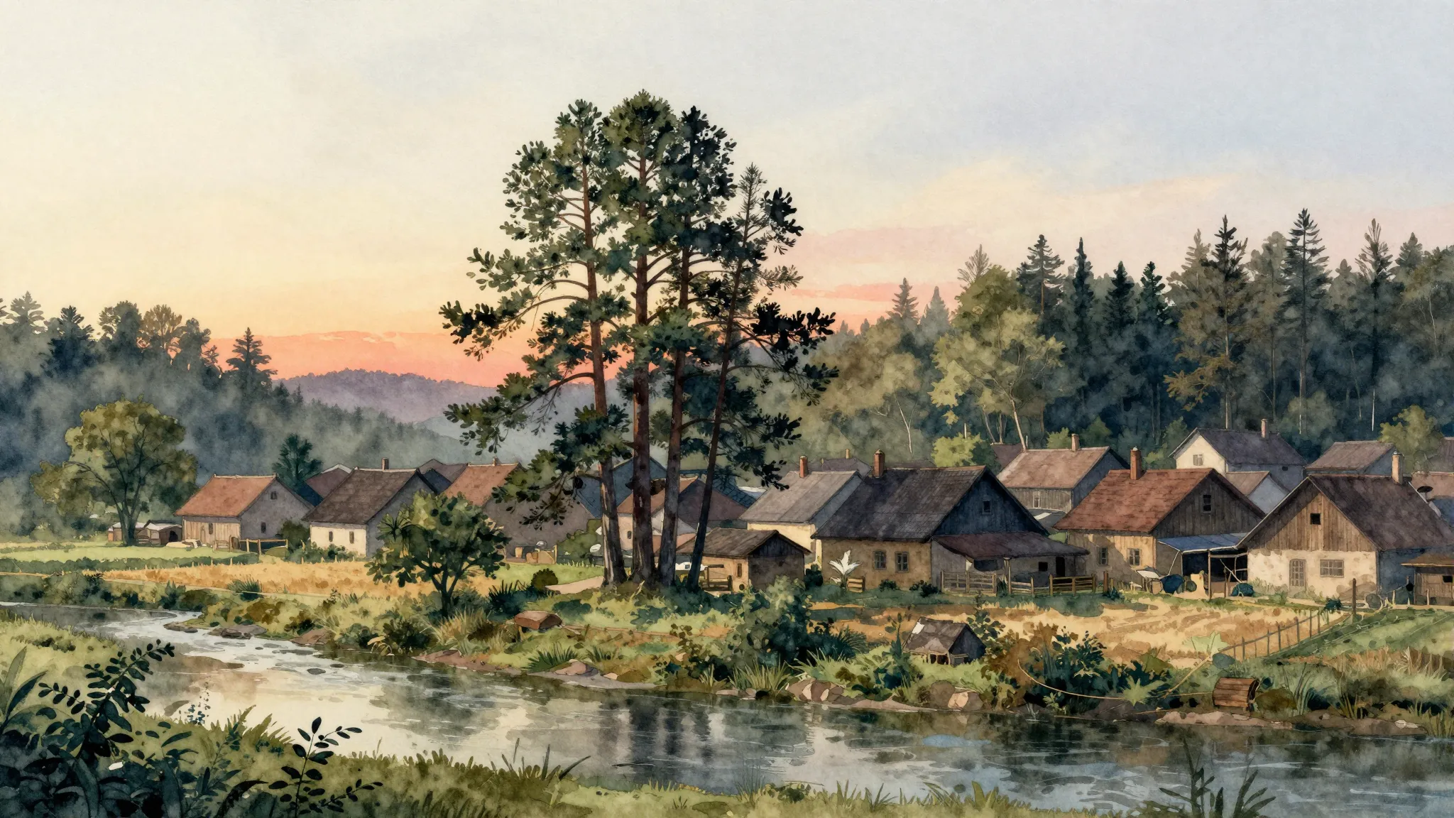 Watercolor style. A serene landscape of an old village with ...