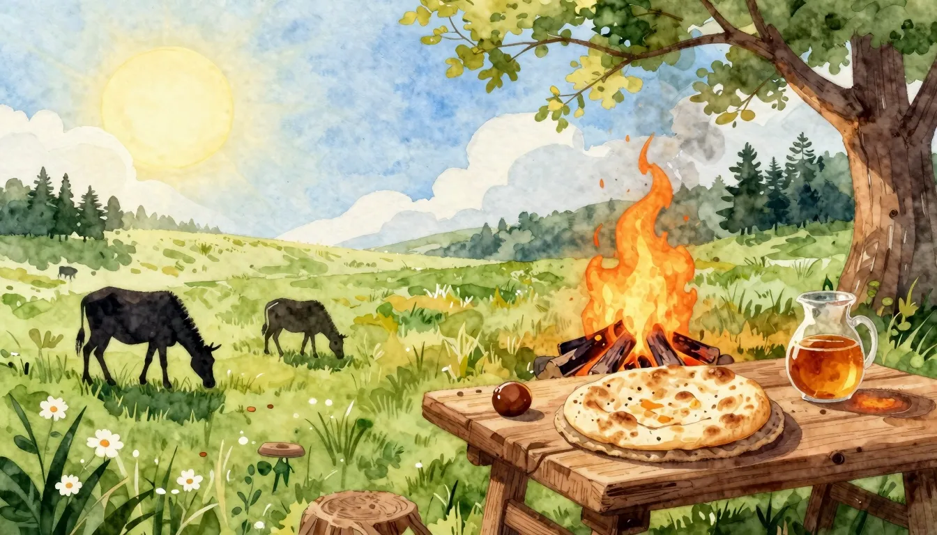 Watercolor style. A bright sun shining over a green meadow, ...