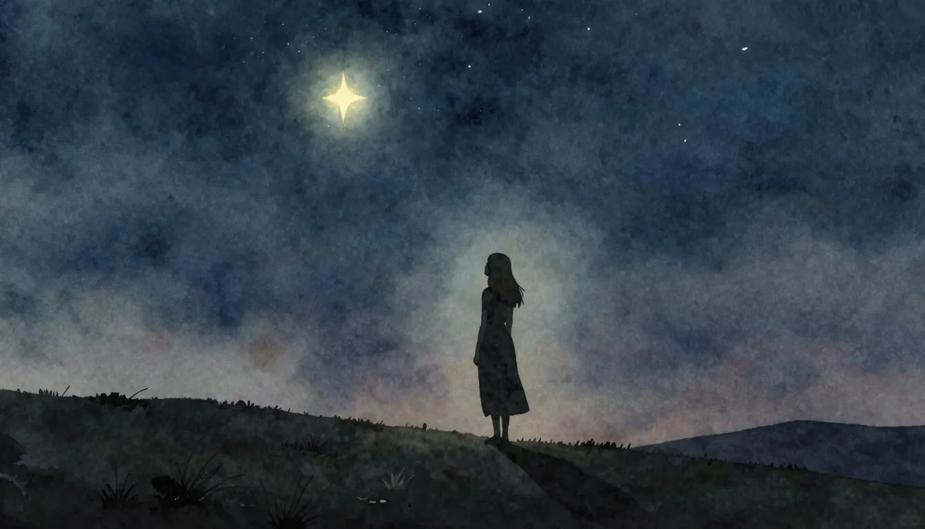 Watercolor style. A silhouette of a woman stands on a hill, ...