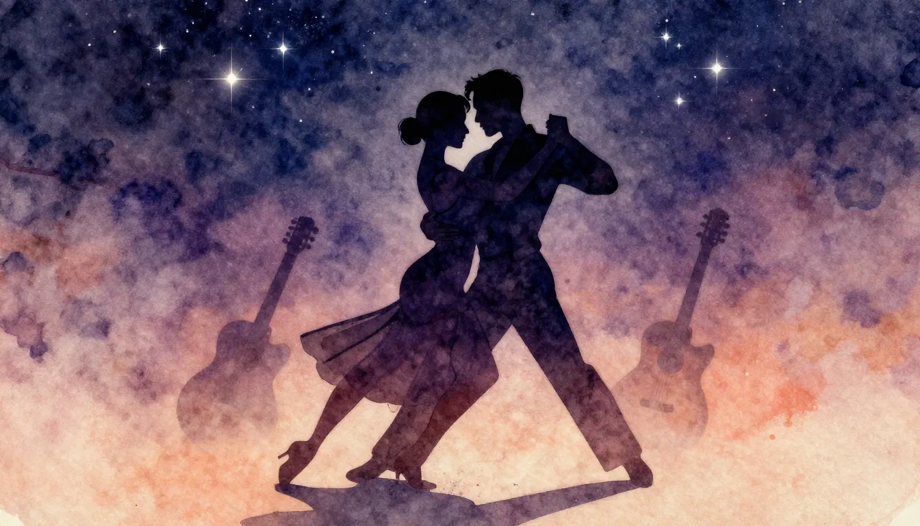 Watercolor style. Silhouette of a couple dancing tango again...