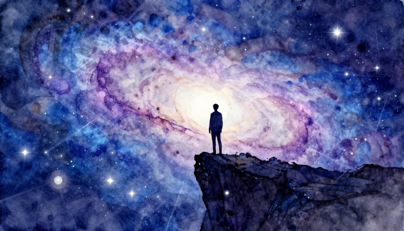 Watercolor style. A dark silhouette of a person standing on ...