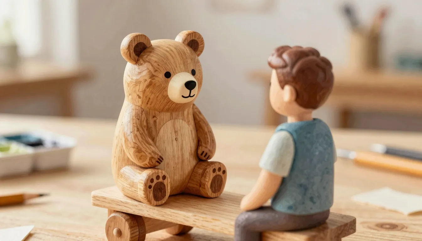 Watercolor style. Close-up of a wooden toy with a bear and a...