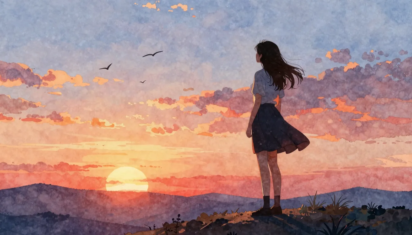 Watercolor style. A silhouette of a young woman standing on ...