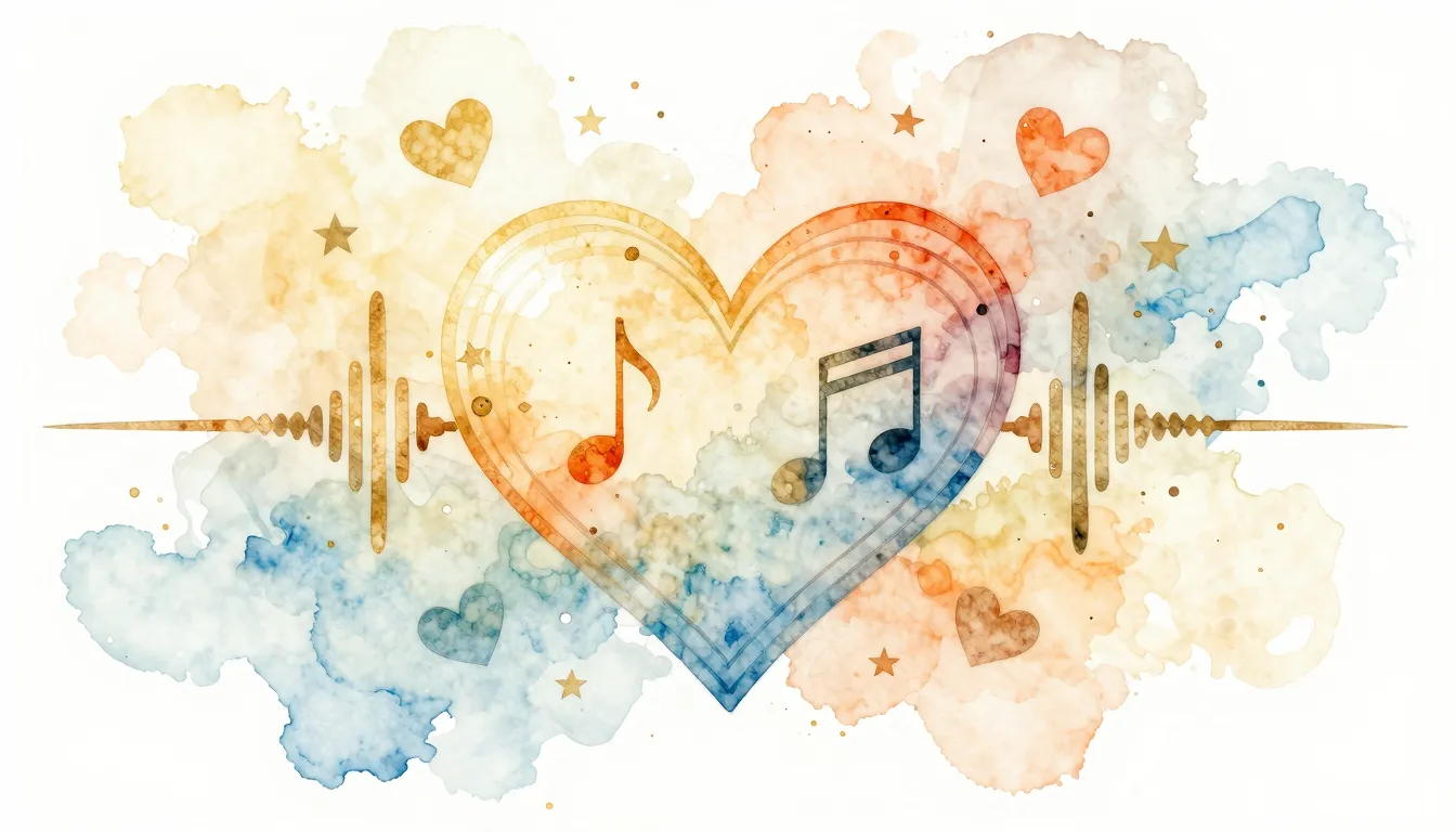 Watercolor style. A stylized heart made of musical notes and...