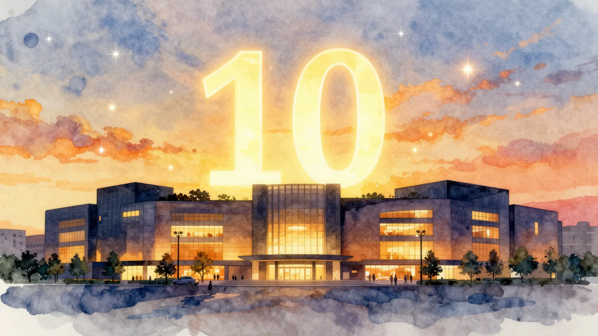 Watercolor style. Silhouette of a large modern shopping mall...
