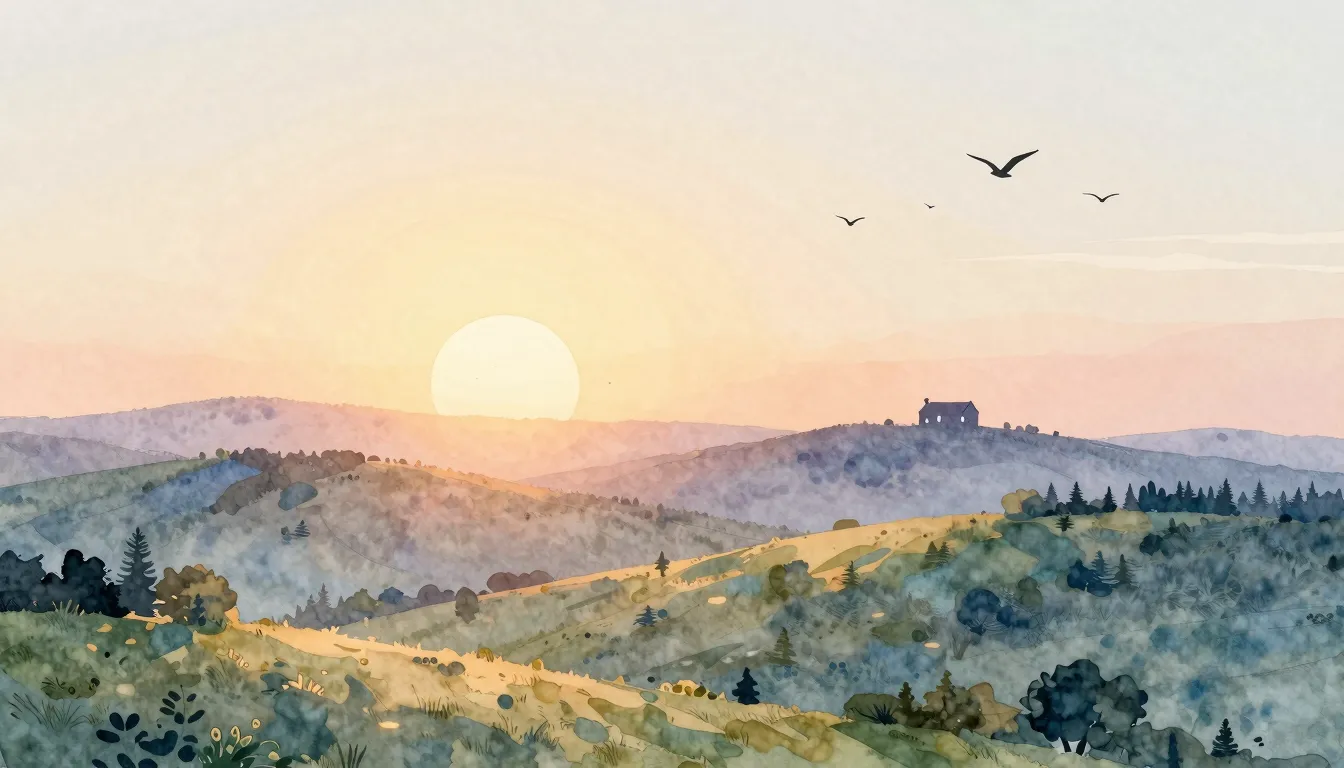 Watercolor style. A peaceful landscape at sunrise, warm glow...