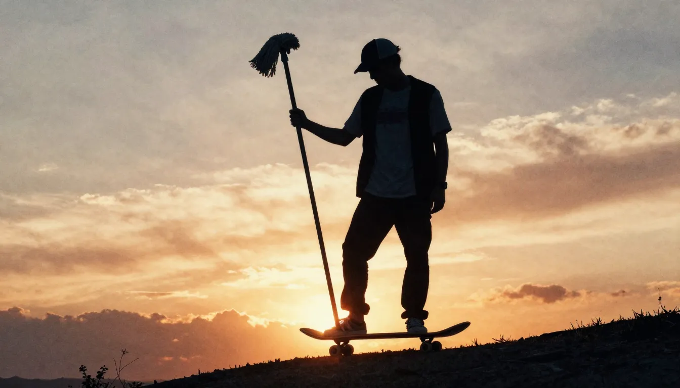 Watercolor style. A silhouette of a man with a skateboard st...