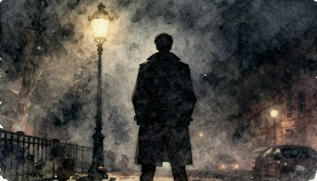 Watercolor style. Silhouette of a man in a trench coat stand...