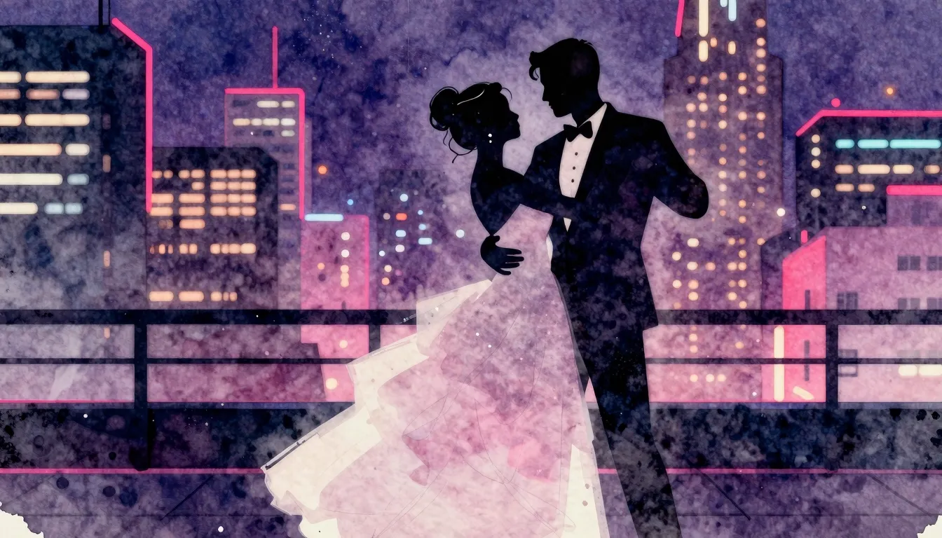 Watercolor style. Silhouettes of a bride and groom dancing u...
