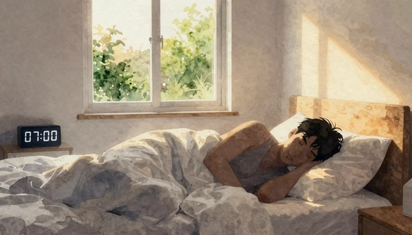 Watercolor style. Silhouette of a person waking up in a bedr...