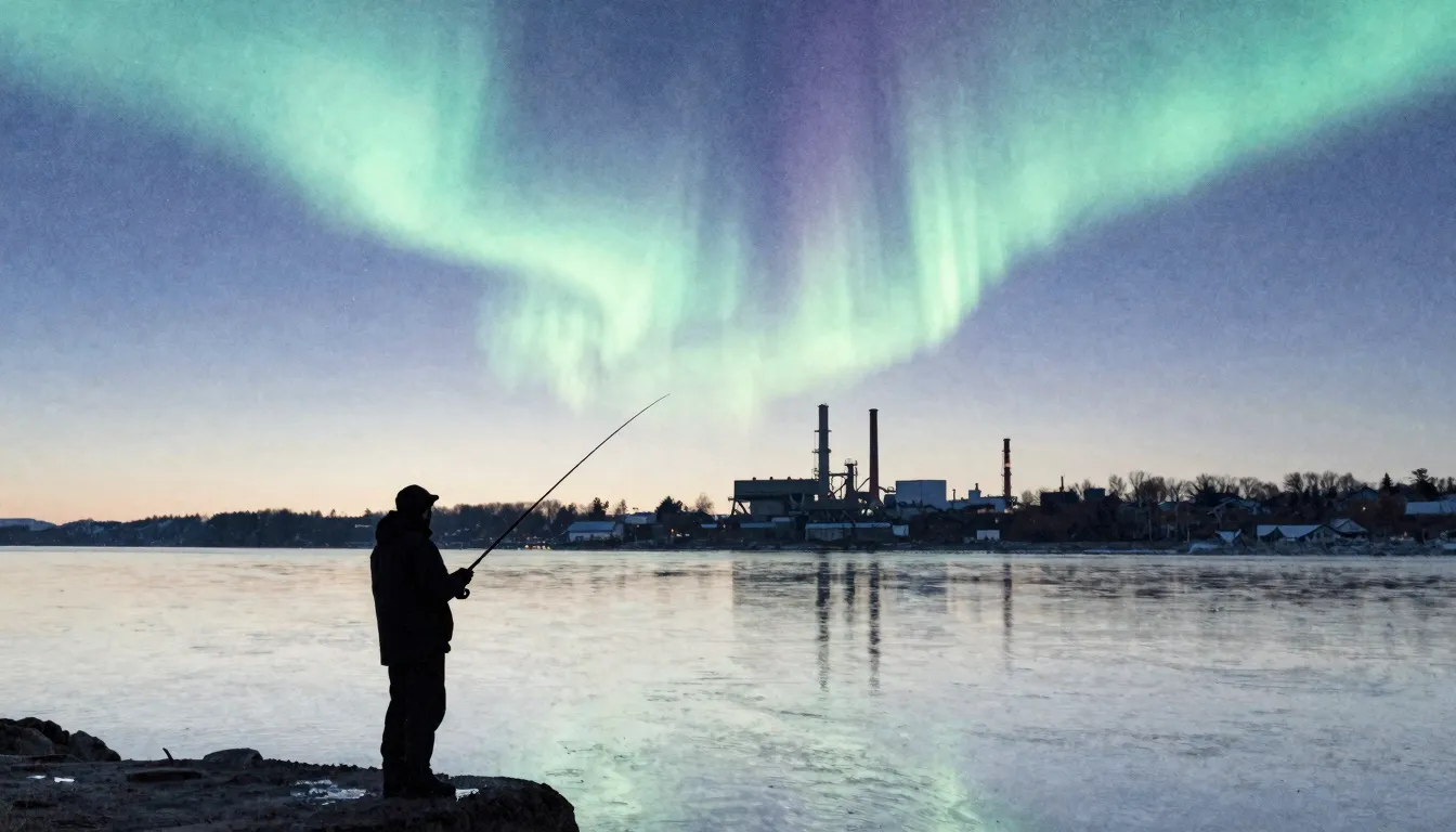 Watercolor style. A silhouette of a fisherman standing by a ...