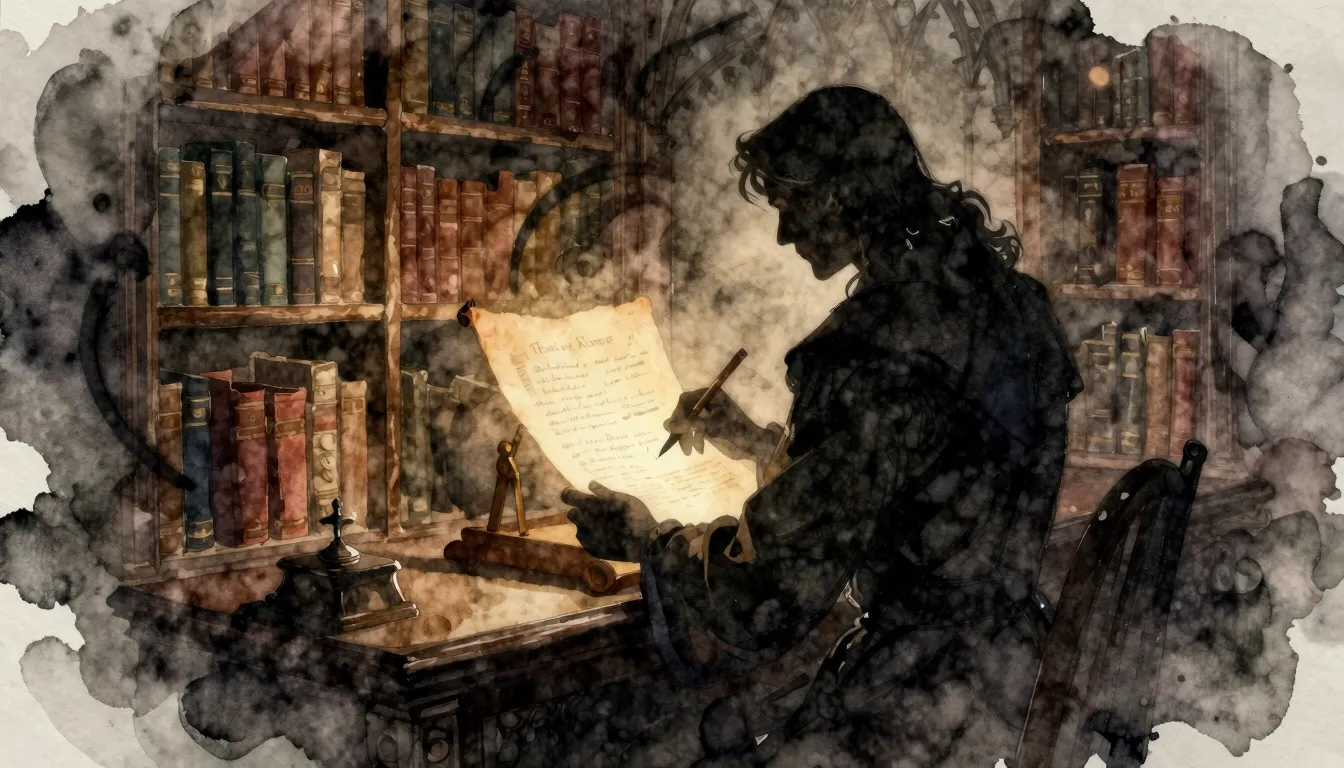 Watercolor style. A dark silhouette of a figure signing a gl...