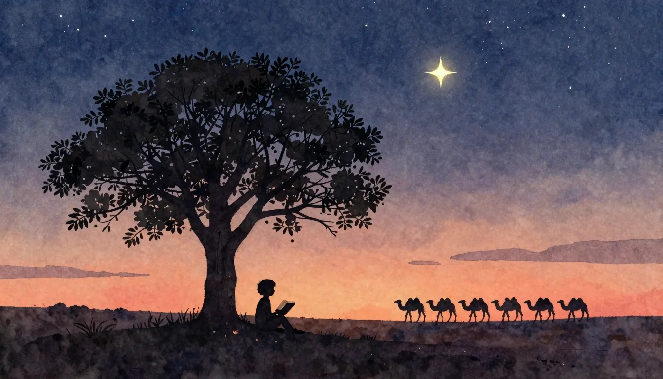 Watercolor style. A silhouette of a child sitting under a la...