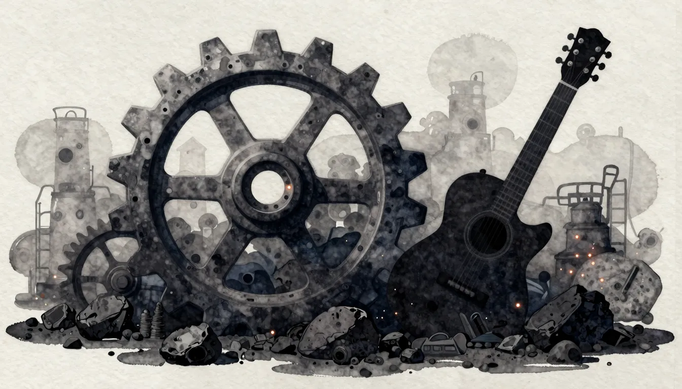 Watercolor style. Industrial landscape with a large gear and...