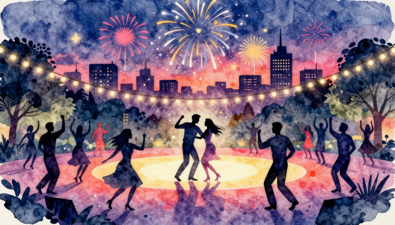 Watercolor style. A vibrant, colorful silhouette of a city p...