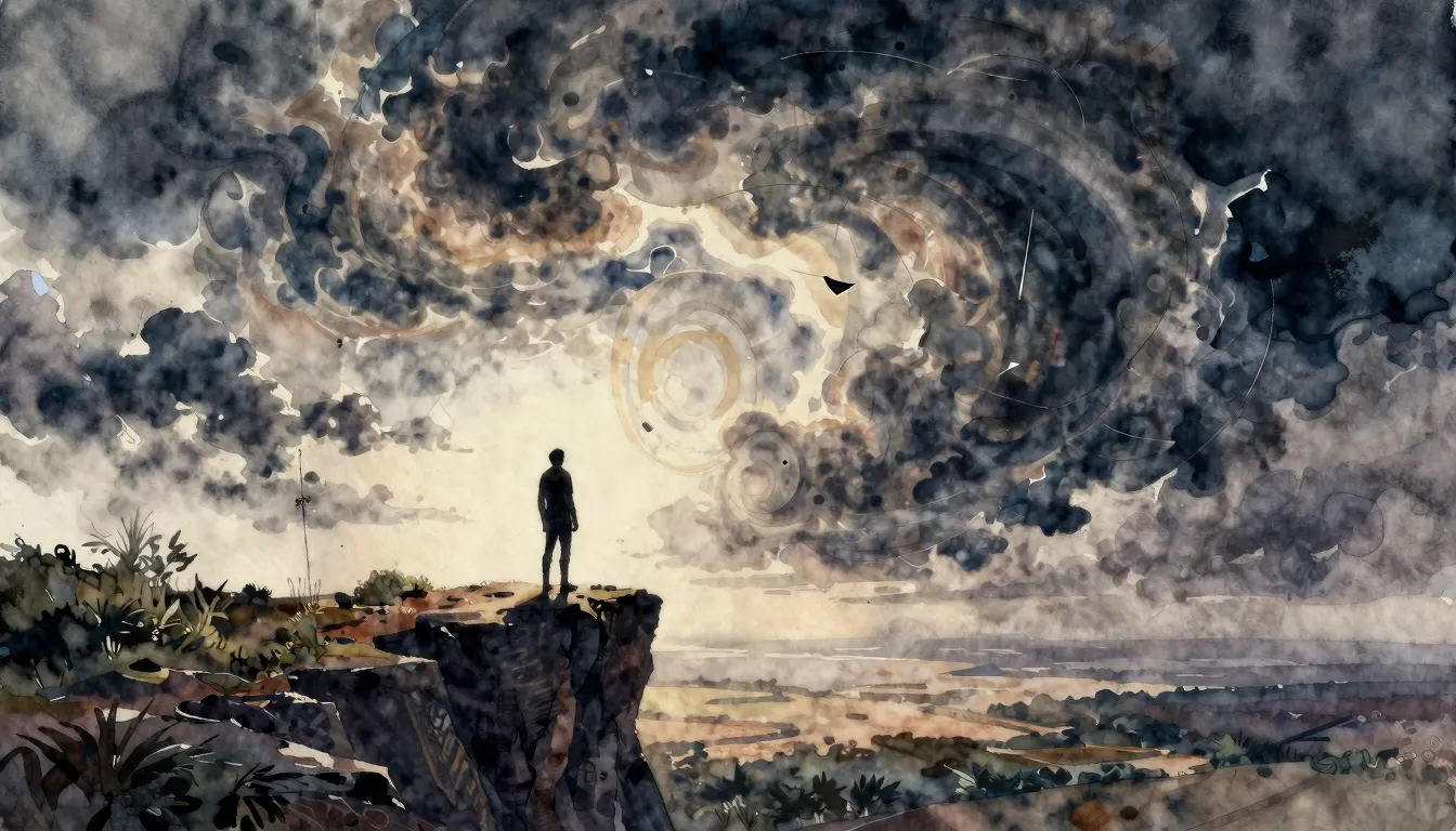 Watercolor style. A silhouette of a person standing on a cli...