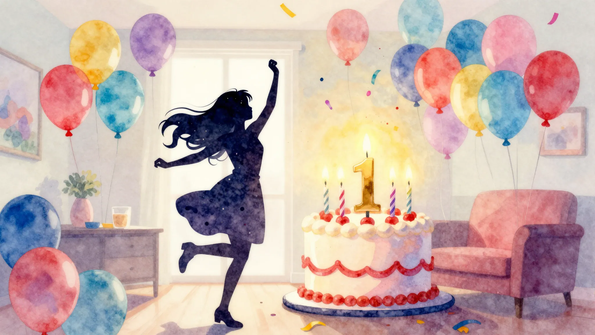 Watercolor style. A bright festive room filled with colorful...
