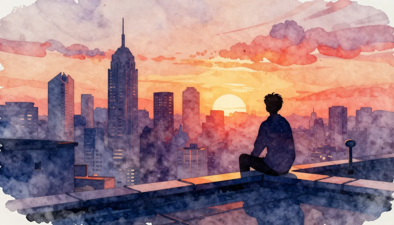 Watercolor style. A silhouette of a person sitting on a roof...