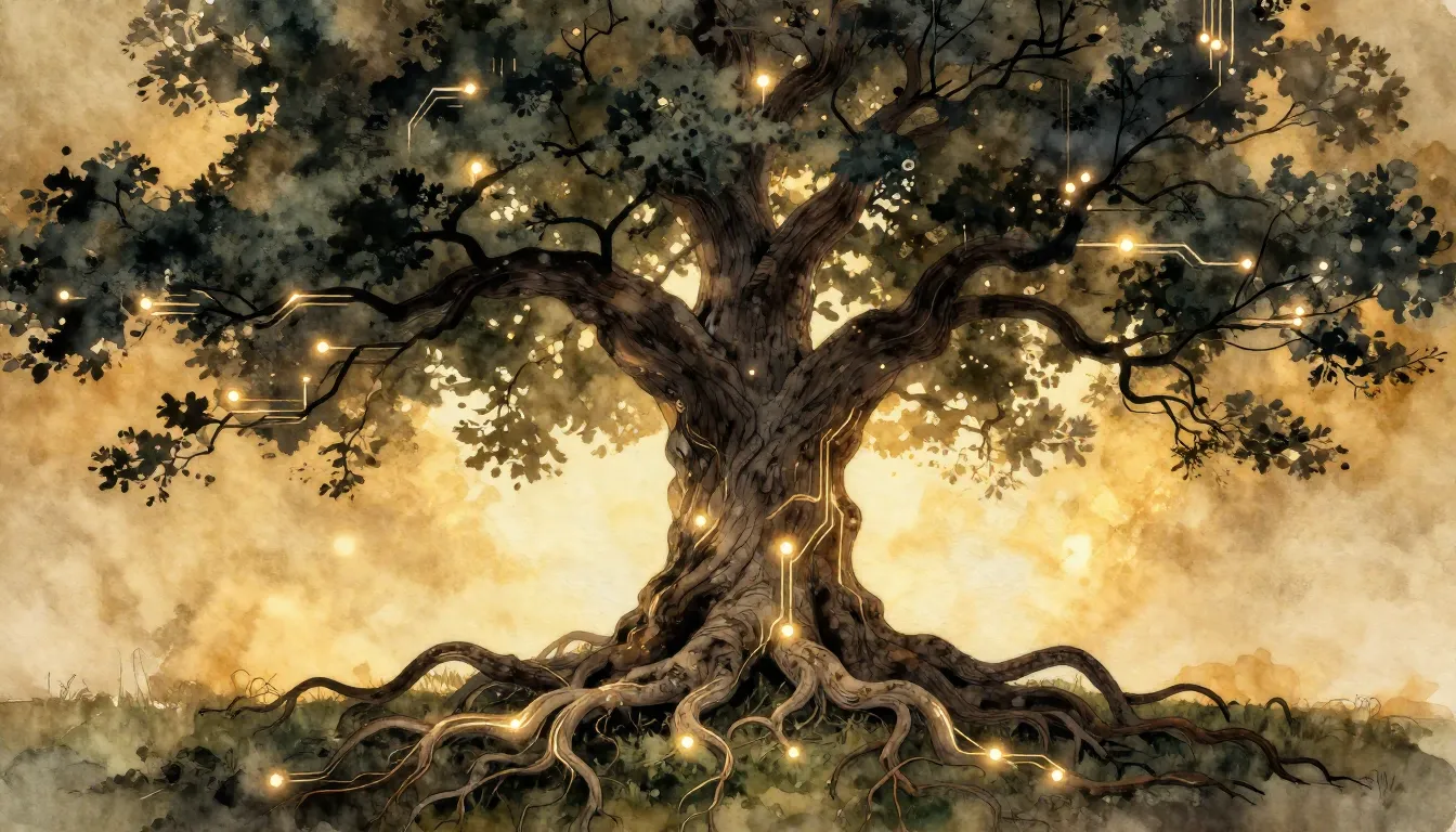 Watercolor style. A silhouette of an old oak tree with deep ...