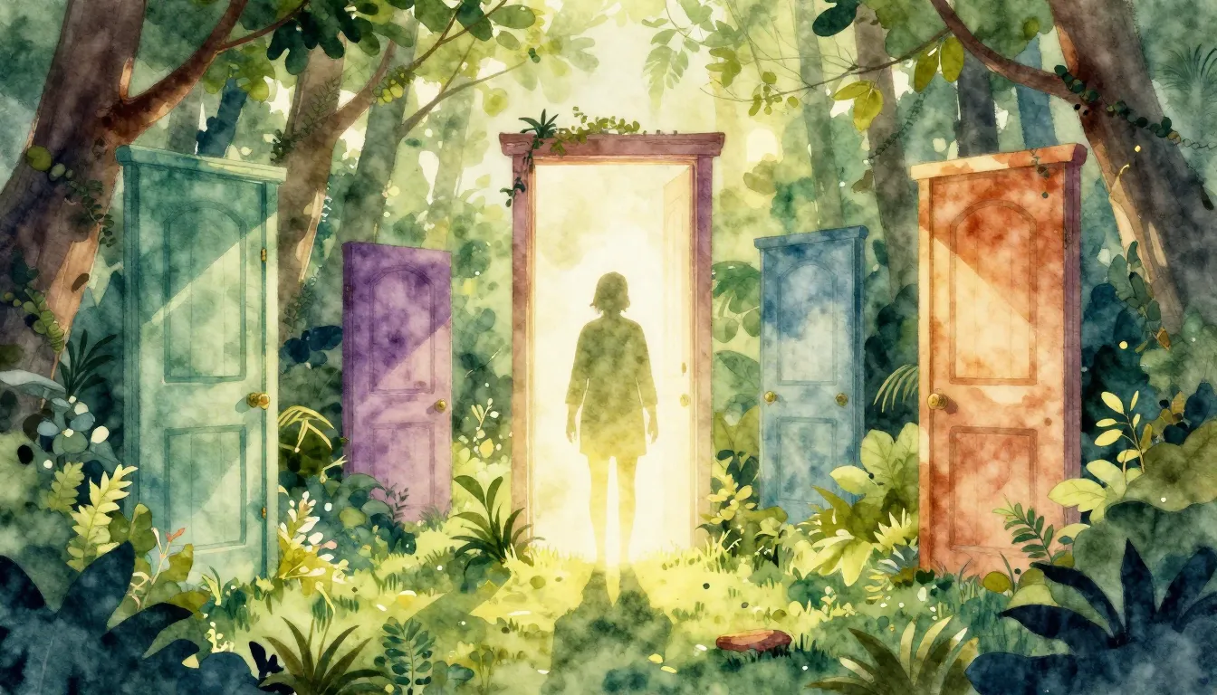 Watercolor style. A glowing silhouette standing before sever...