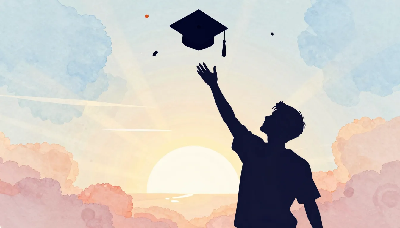 Watercolor style. A silhouette of a young man in a graduatio...