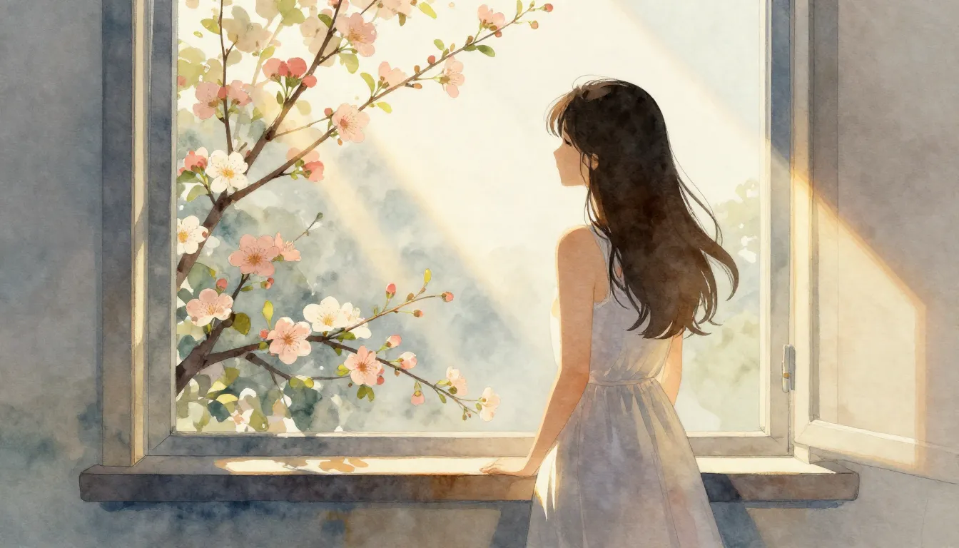 Watercolor style. A silhouette of a woman standing by a wind...