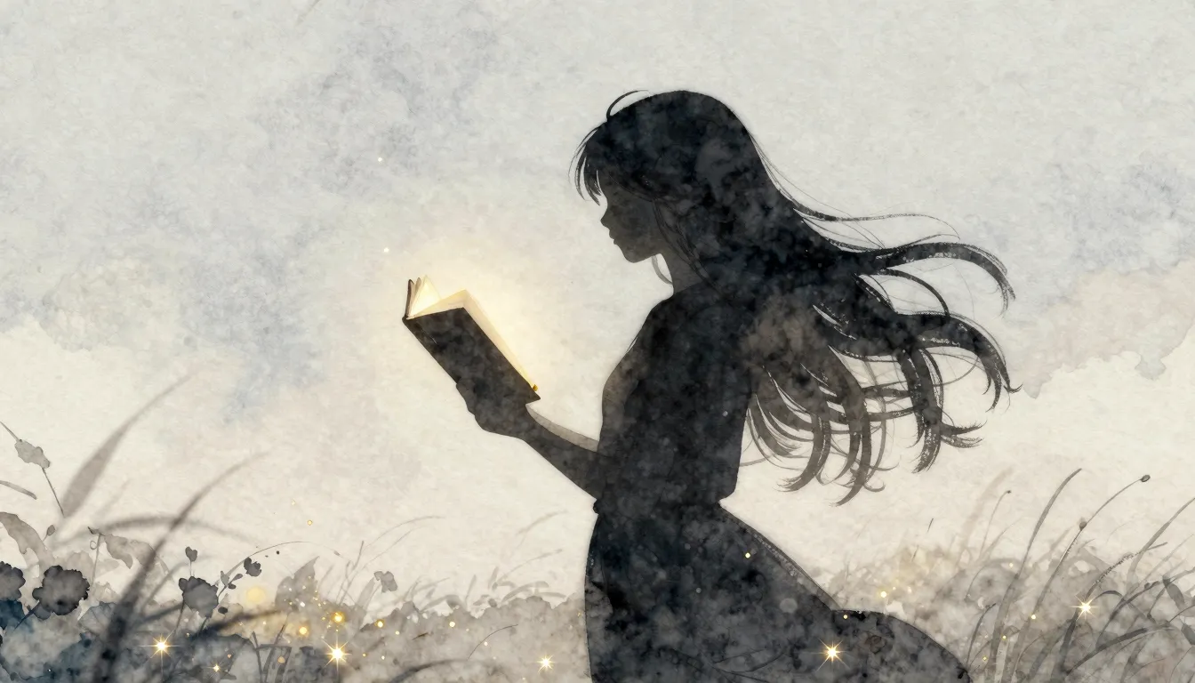 Watercolor style. A silhouette of a girl with very long flow...
