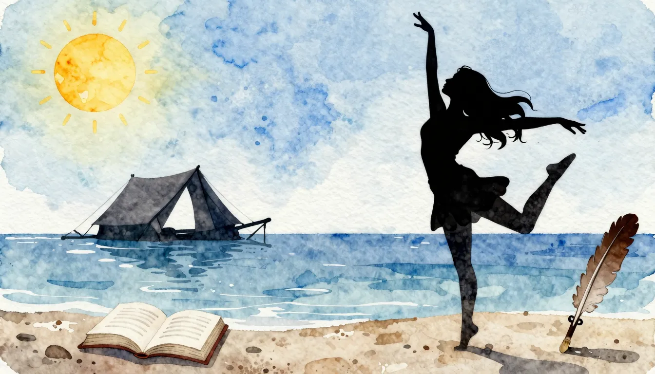 Watercolor style. A silhouette of a graceful girl dancing on...