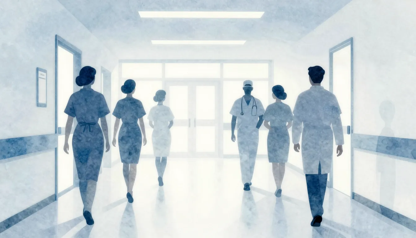 Watercolor style. Silhouettes of medical professionals in a ...