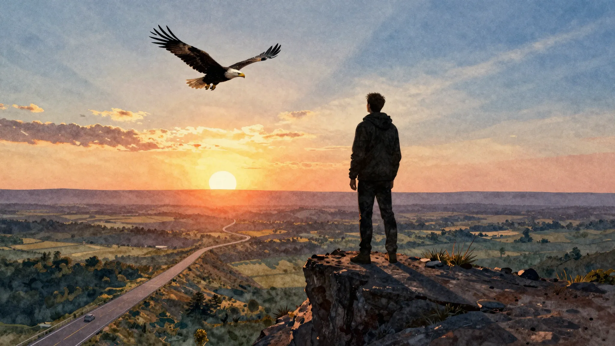 Watercolor style. A silhouette of a man stands on a cliff, l...