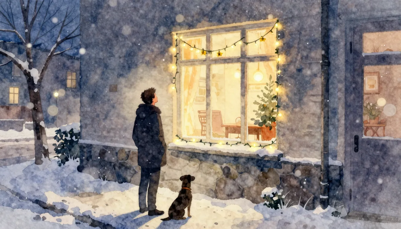 Watercolor style. A silhouette of a man with a dog standing ...