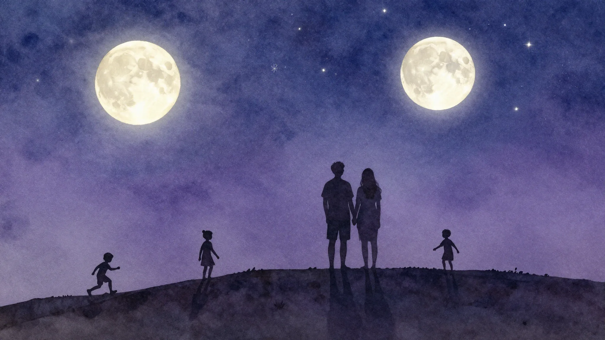Watercolor style. A silhouette of a couple standing on a hil...