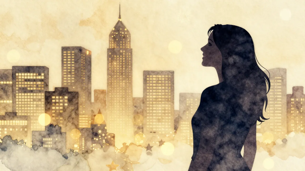 Watercolor style. A silhouette of a happy woman looking at a...