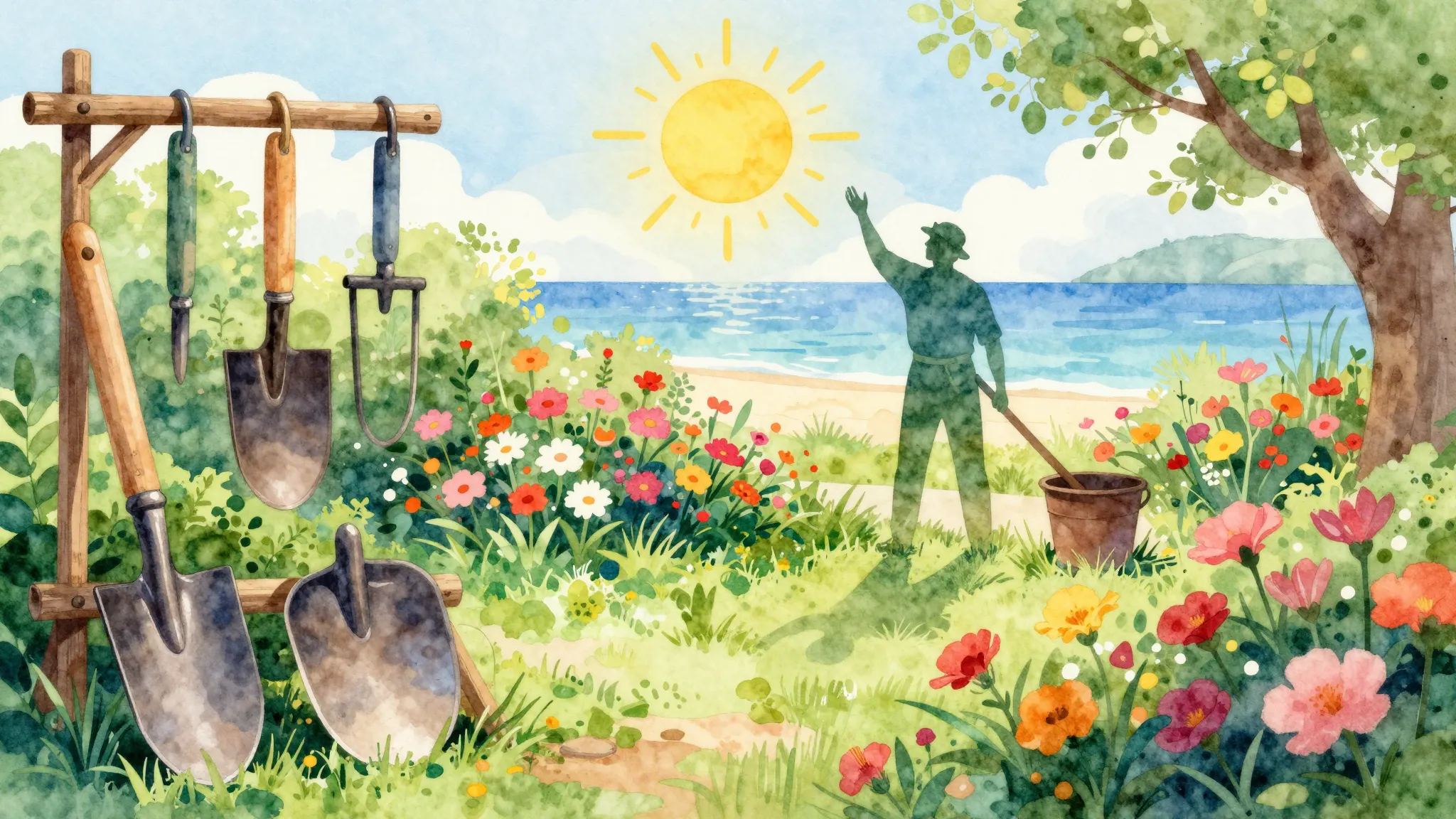 Vibrant watercolor style. A vibrant garden scene with Italia...