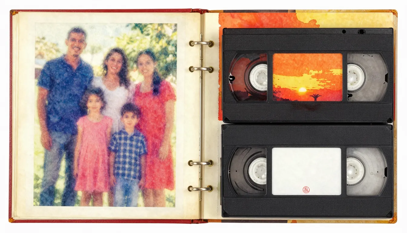 Vibrant watercolor style. Vintage photo album, blurred famil...