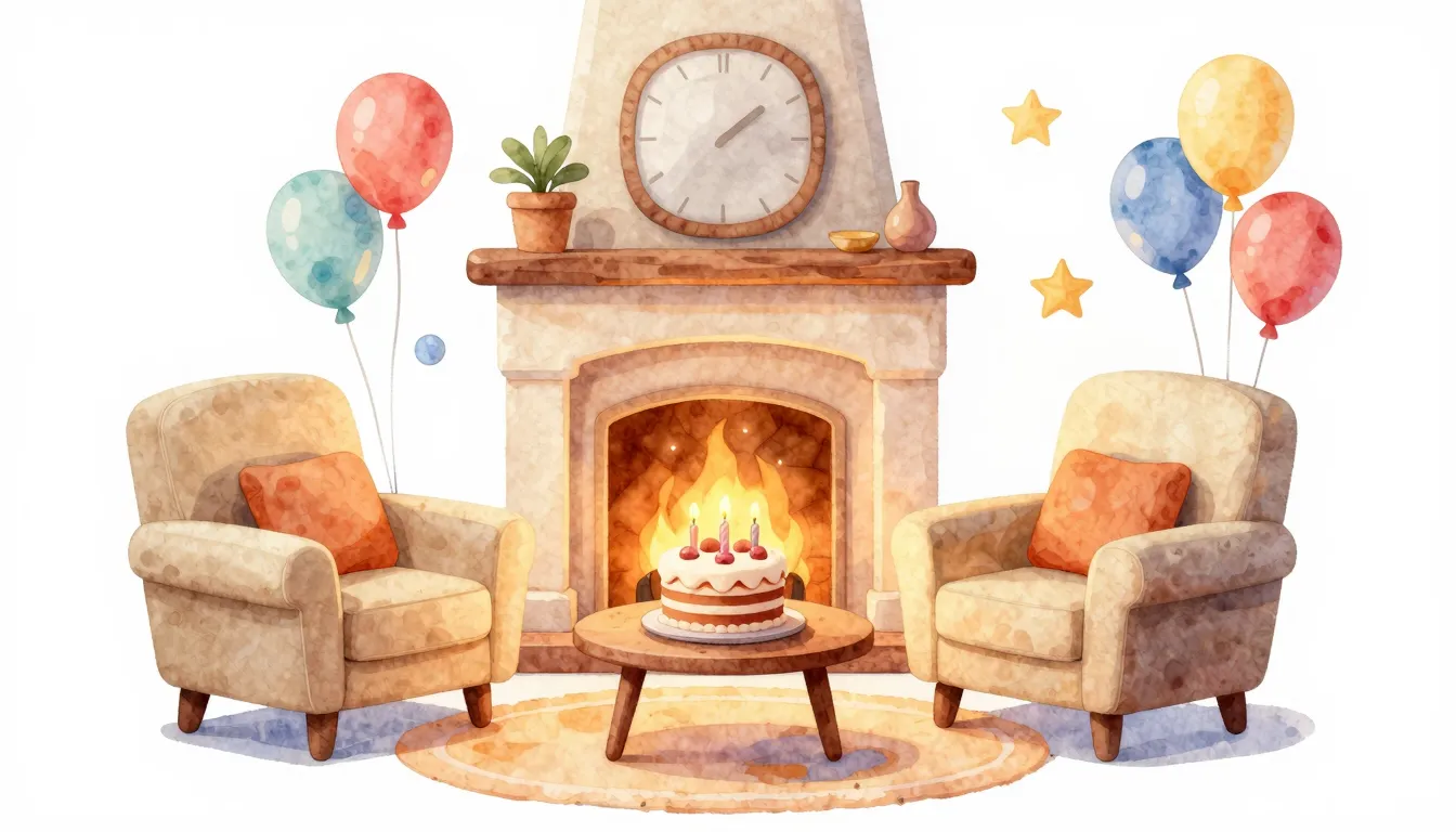 Watercolor style. A cozy living room with a warm fireplace, ...