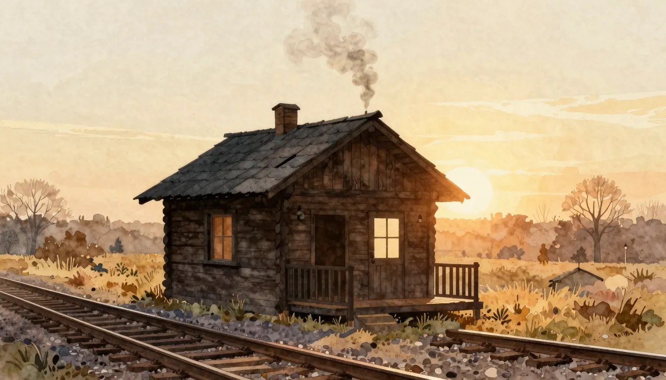 Watercolor style. Silhouette of a small wooden bistro cabin ...