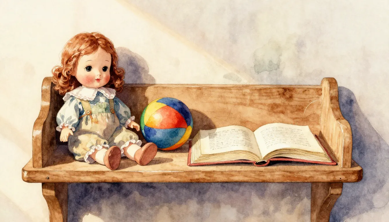 Watercolor style. A cozy wooden shelf with a vintage doll, a...
