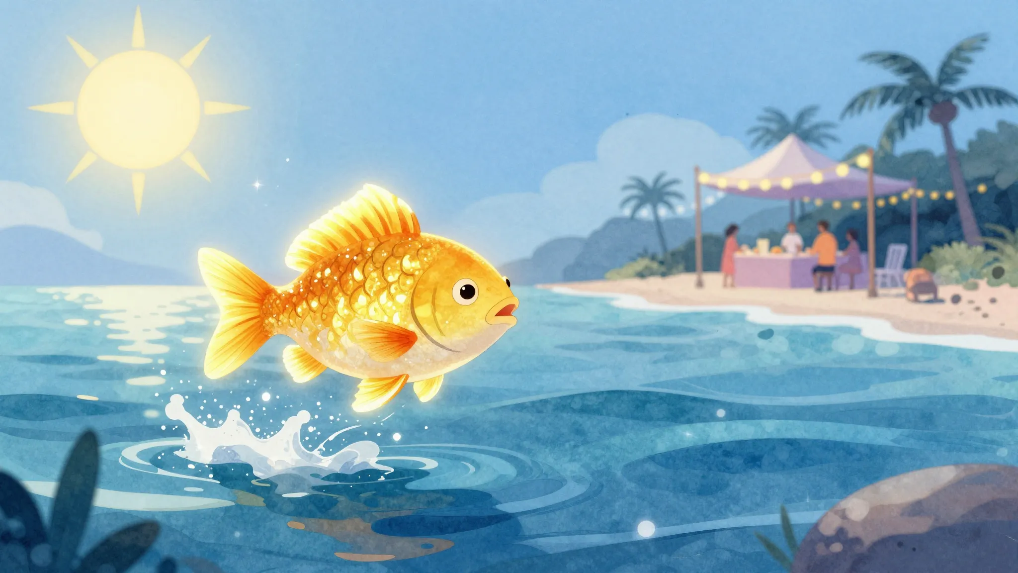 Watercolor style. A glowing golden fish jumping out of a spa...