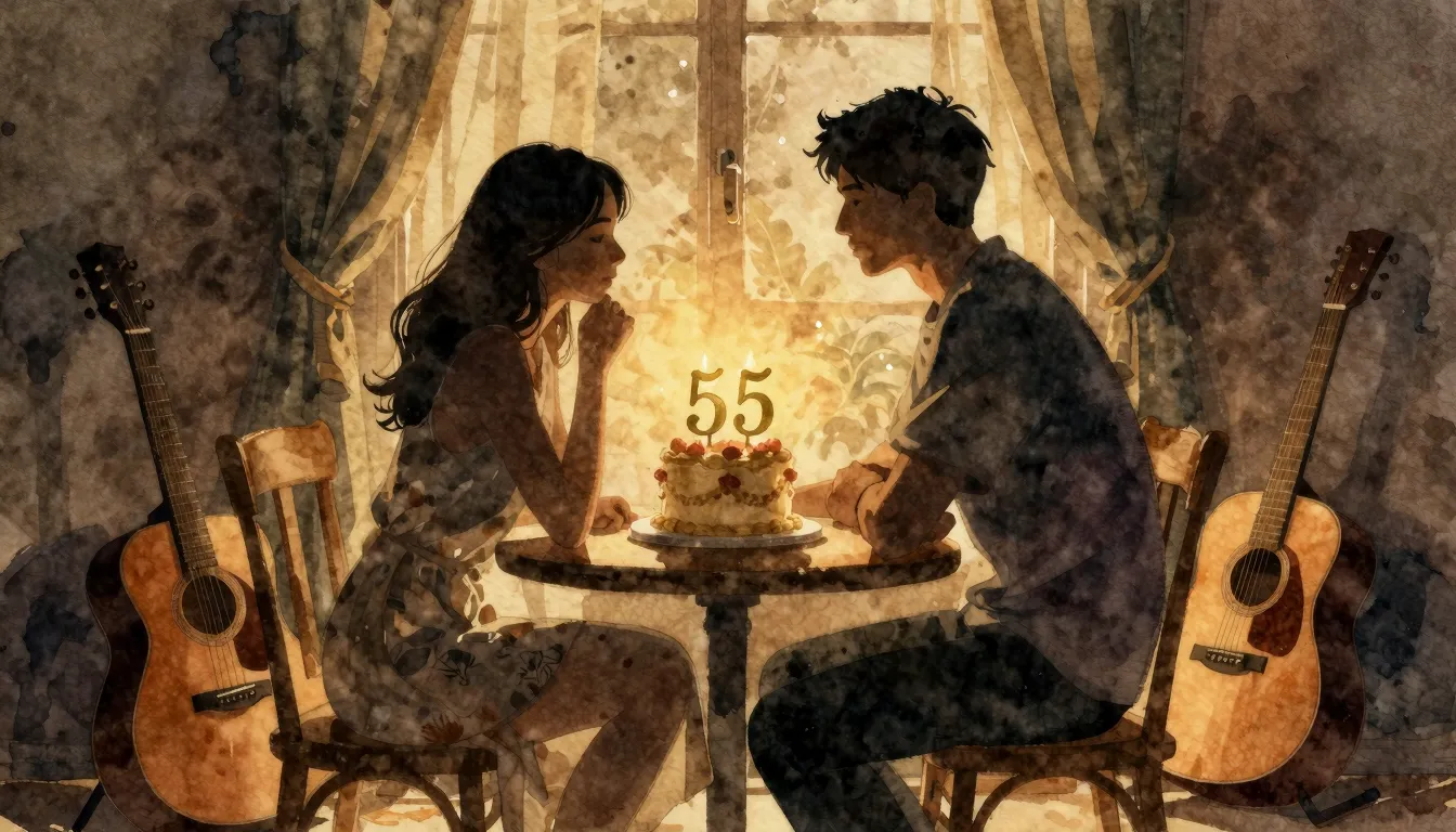 Watercolor style. Silhouette of a couple sitting at a cozy t...