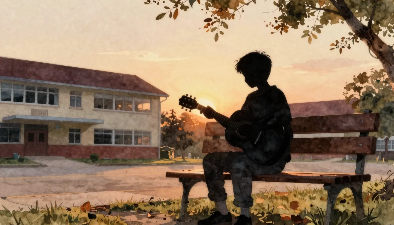Watercolor style. Silhouette of a boy with a guitar sitting ...