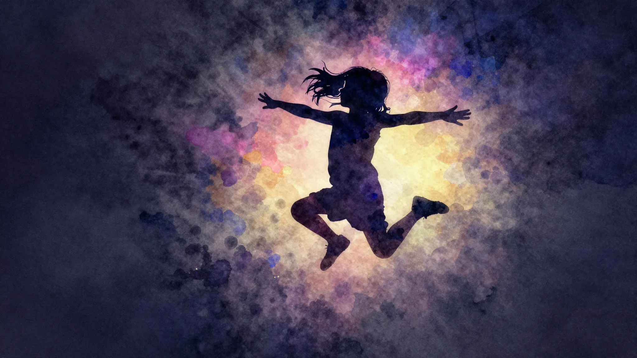 Watercolor style. Silhouette of a little girl jumping, dynam...