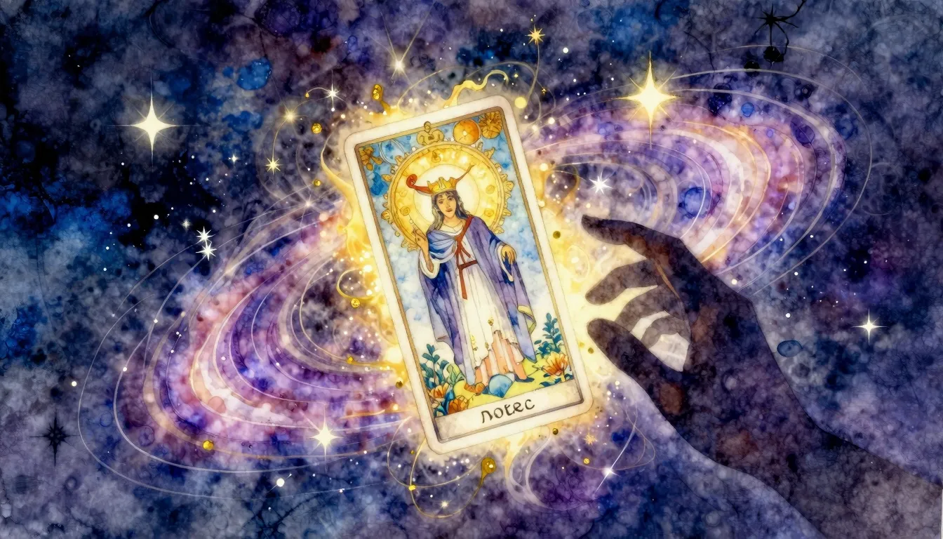 Watercolor style. A mystical, glowing tarot card floating in...
