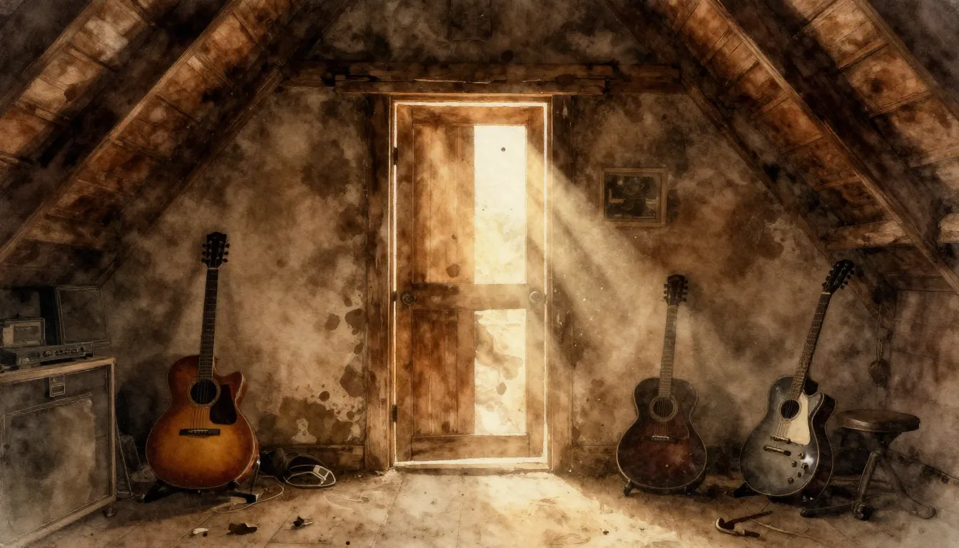 Watercolor style. A dusty vintage attic with a single ray of...