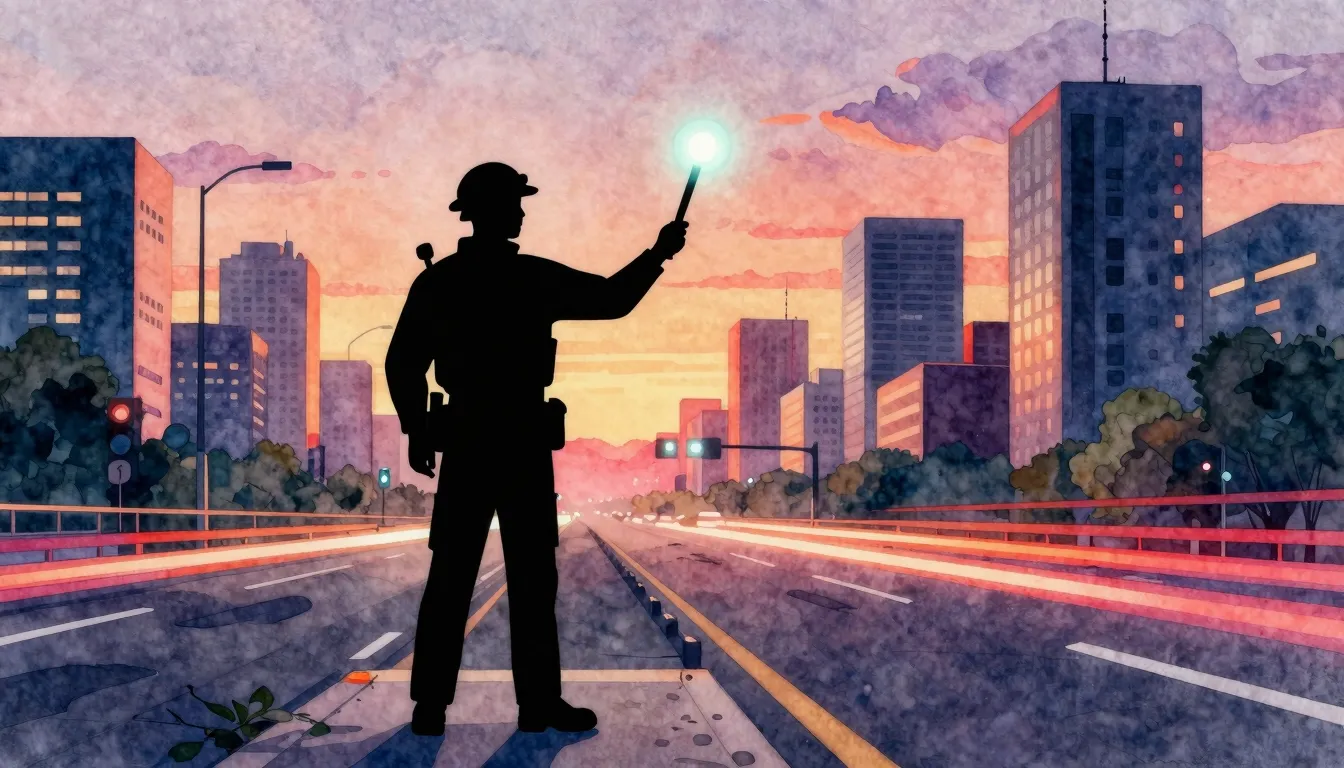 Watercolor style. A silhouette of a traffic controller with ...