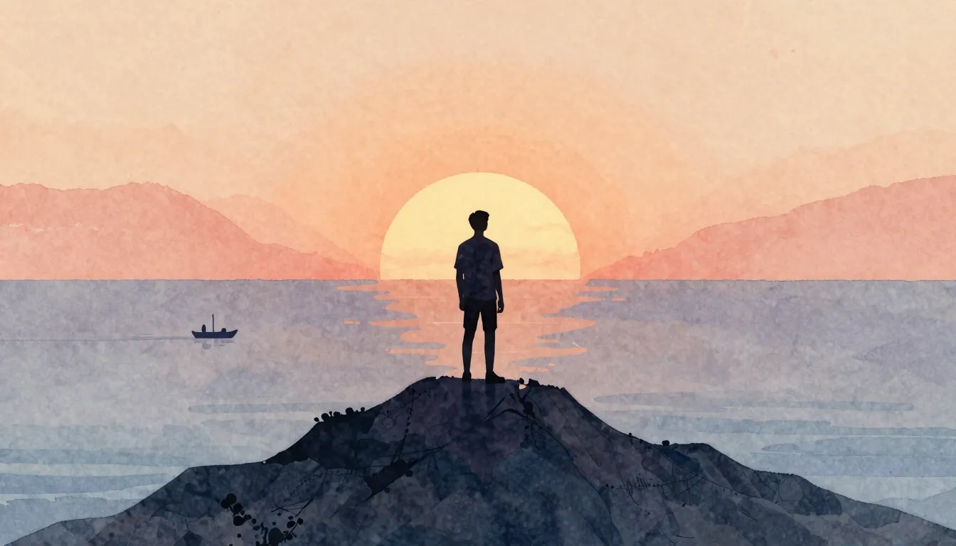 Watercolor style. A silhouette of a man stands on a stylized...